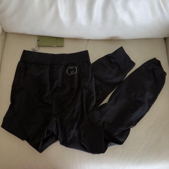 NWT GUCCI BLACK LEGGINGS LOGO Jersey Polyamide Sz L - Picture 3 of 8